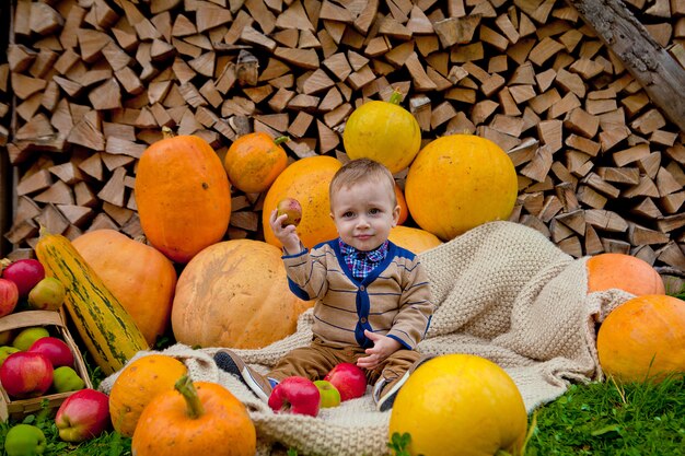 Un niño jugando con una manzana cerca de calabazas. Acción de Gracias, Halloween