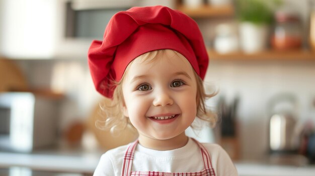 Niño jugando con la masa en la cocina vestido de chef Niño horneando un pastel