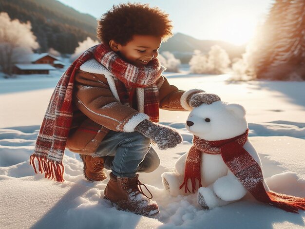 Foto un niño jugando con un muñeco de nieve y un muñeco de nieve