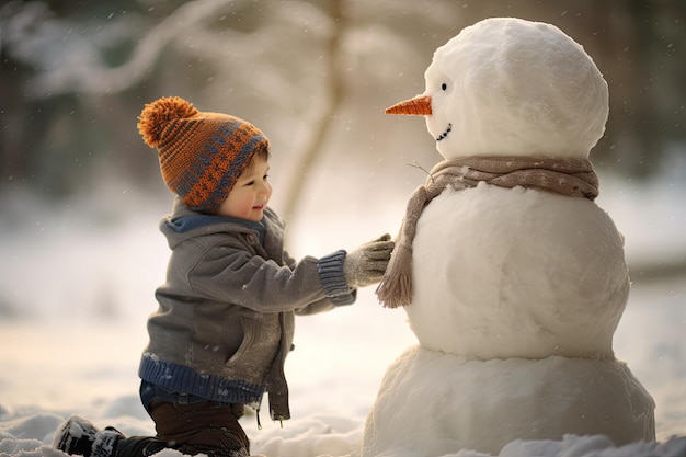 Un niño jugando con un muñeco de nieve.