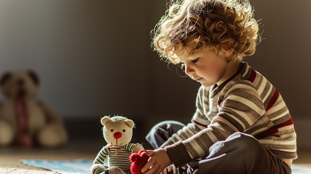 Niño jugando con un oso en el suelo con iluminación suave