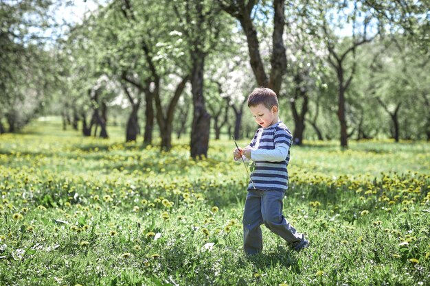 Niño jugando con un palo en un paseo por el parque