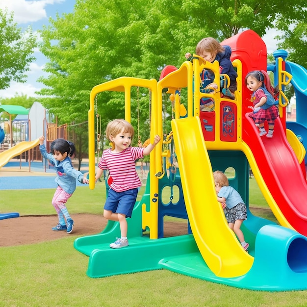 Niño jugando en el patio de recreo al aire libre Los niños juegan en el columpio del jardín de infantes Los niños juegan en el parque colorido