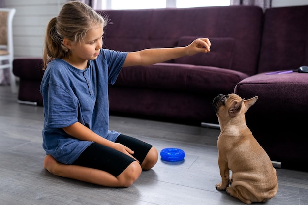 Niño jugando con una perrita sentada con un cachorro de bulldog francés