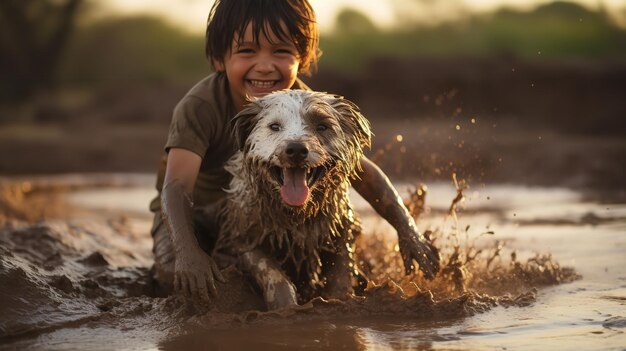 Niño jugando con el perro en el barro durante el día Capturar Ai generativo