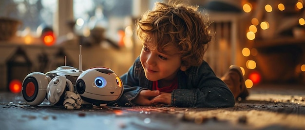 Foto un niño jugando con un robot de juguete