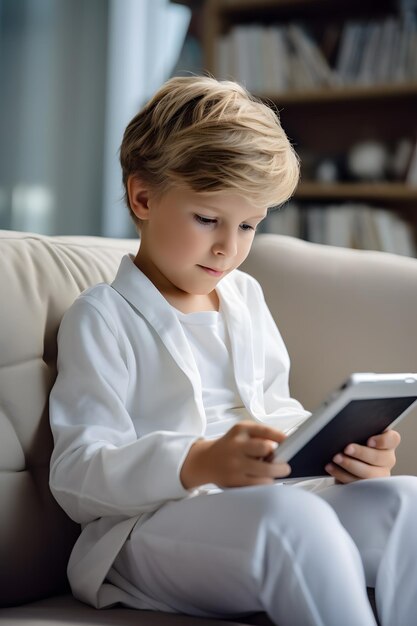 Niño jugando con una tableta sentado en el sofá