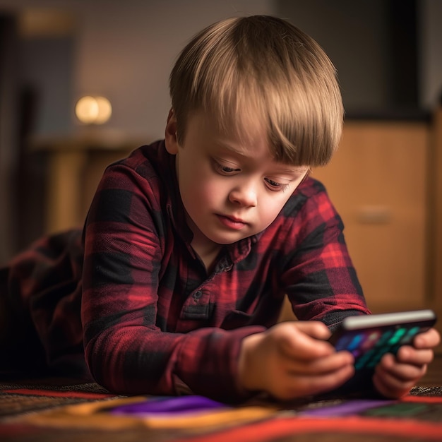 Un niño jugando con un teléfono en el suelo.