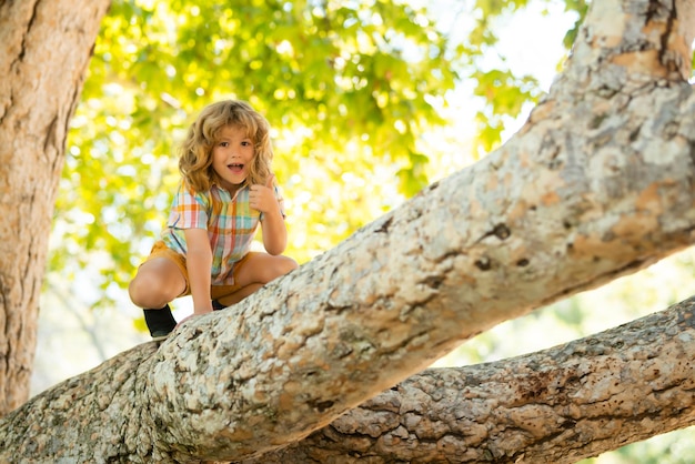 Niño jugando y trepando a un árbol y colgando de una rama