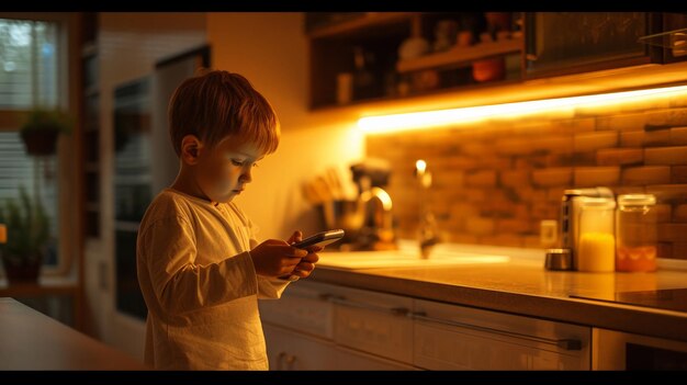 Niño jugando videojuego en el teléfono móvil en la cocina por la noche iluminado por la pantalla del dispositivo