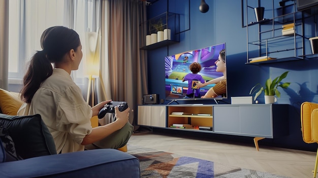 niño jugando videojuegos en la consola de TV se sienta en un sofá jugando un videojuego