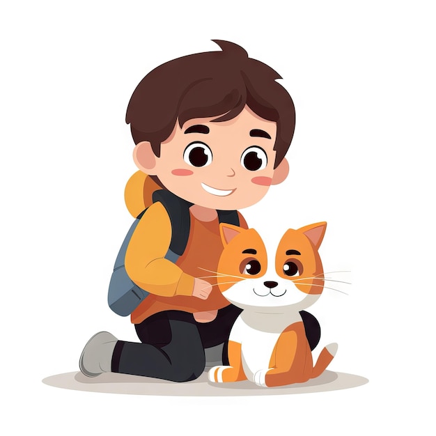 Niño juguetón con gato en animación plana minimalista AI generado