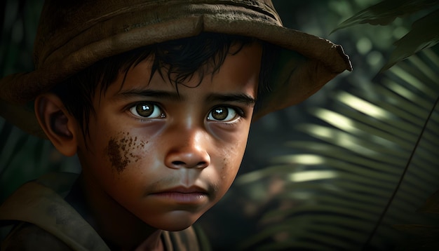 Un niño en una jungla con sombrero.
