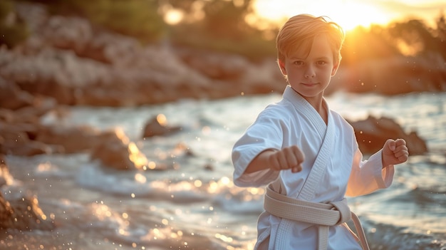 Niño de karate en la orilla