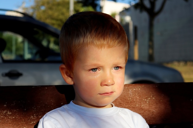 Un niño con lágrimas en los ojos.