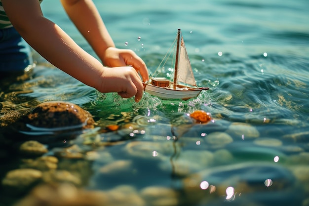 niño lanza un pequeño bote con ai generativo