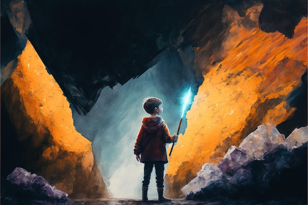 Niño con lanza de pie en una cueva llena de muchos bloques de piedra futuristas ilustración de estilo de arte digital pintura ilustración de fantasía de un niño con un arma en las manos