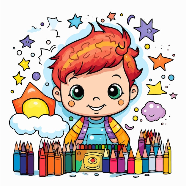 Foto niño con lápices de colores ilustración