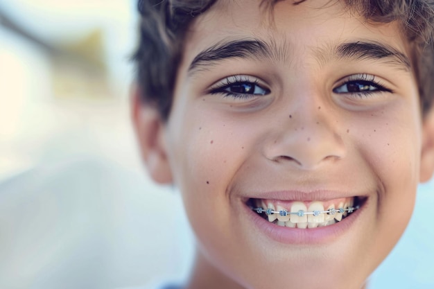 niño latino adolescente sonriente con aparatos ortopédicos retrato en primer plano de tratamiento de ortodoncia adolescente hispano