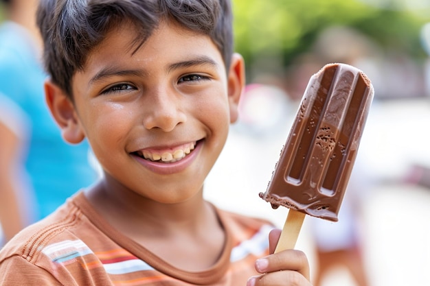 niño latino con un helado de chocolate muy feliz