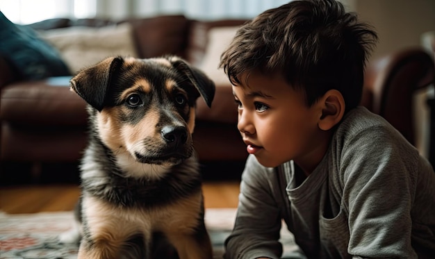 Foto niño latino jugando con su cachorro de raza mixta en su sala de estar ia generativa