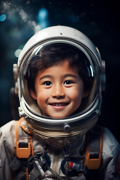 Niño latino vestido como astronauta sonriendo a la cámara