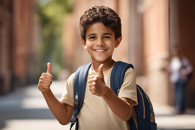 Niño latinoamericano con mochila escolar mostrando los pulgares hacia arriba