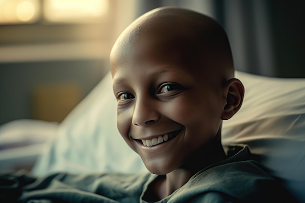 niño latinoamericano con paciente de cáncer sin pelo mirando a la cámara mientras está acostado en la cama IA generativa