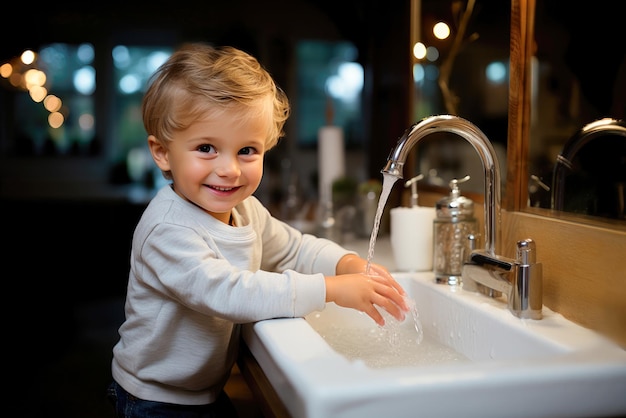 Foto el niño se lava las manos debajo del grifo sobre el lavabo del baño