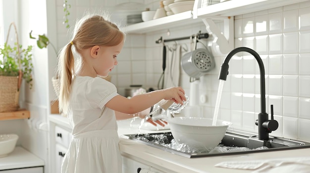 niño lava los platos en la cocina enfoque selectivo