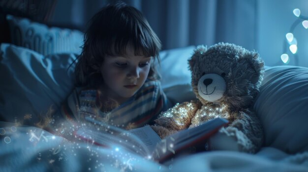 Foto un niño lee un cuento para acostarse como un osito de peluche inteligente conectado a su enlace neuronal asintiendo y parpadeando