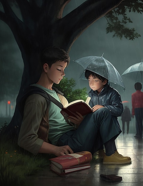 Un niño lee un libro bajo un árbol bajo la lluvia.