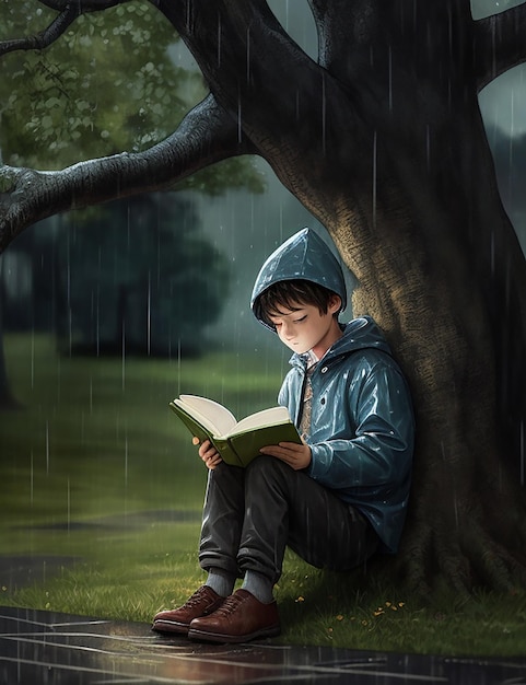 Un niño lee un libro bajo un árbol bajo la lluvia.