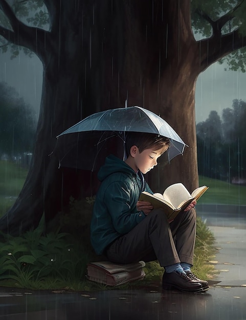 Un niño lee un libro bajo un árbol bajo la lluvia.