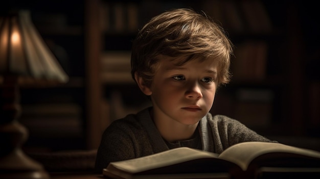 Un niño lee un libro en un cuarto oscuro.