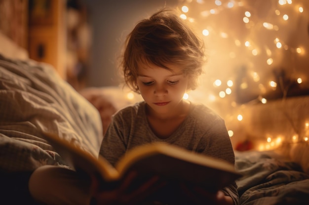 Un niño lee un libro frente a un árbol de navidad.