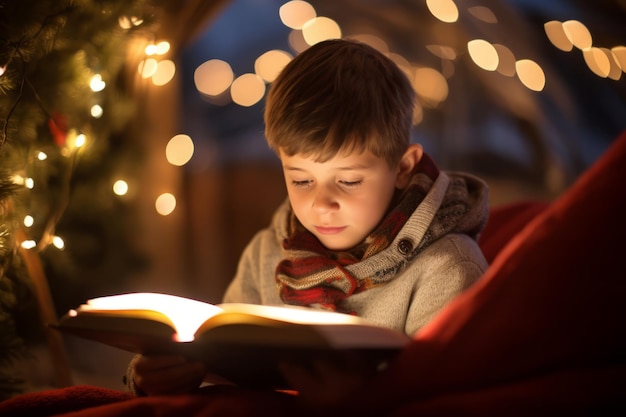 Un niño lee un libro con un libro iluminado sobre la mesa.