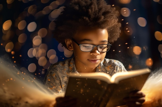 Foto un niño lee un libro con luces de fondo.