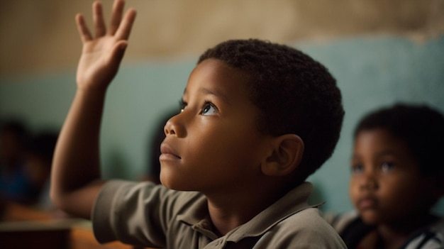 Un niño levantando la mano para hacer una pregunta.