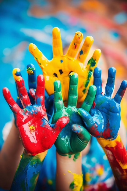 Foto un niño levantando sus manos pintadas con colores brillantes