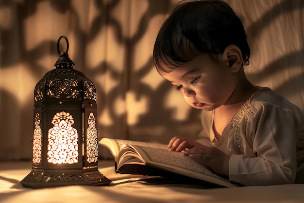 Un niño leyendo el Corán bajo la luz suave de una linterna