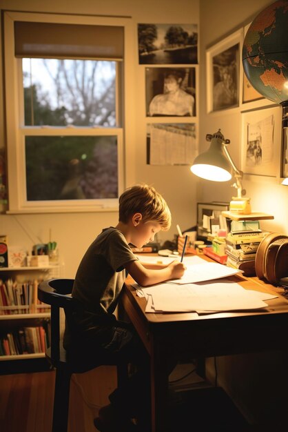 Niño leyendo y estudiando en la mesa Niño haciendo su tarea en la habitación de los niños