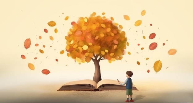 Un niño leyendo un libro bajo un árbol de otoño en una ilustración 2D La obra de arte representa los conceptos de educación imaginación inspiración creatividad y naturaleza con hojas que rodean la escena