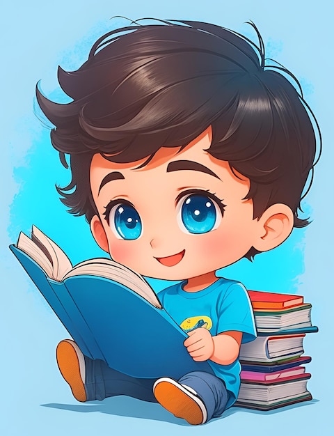 Un niño leyendo un libro con una camisa azul y ojos azules.