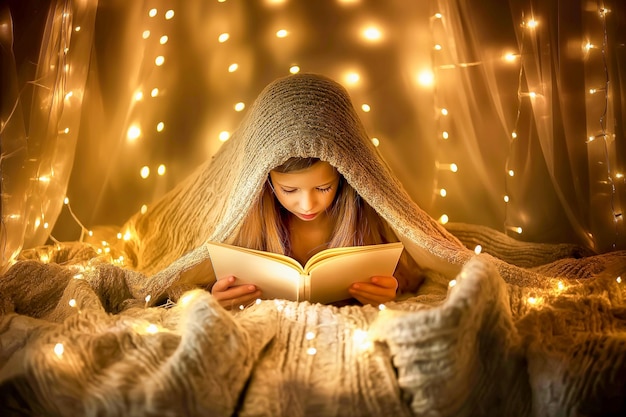 Un niño leyendo un libro de cuentos bajo una tienda improvisada