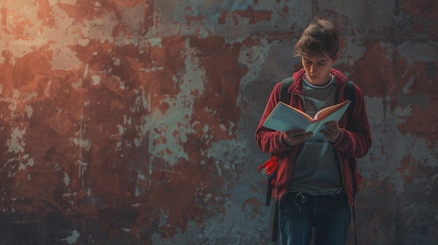 Niño leyendo un libro frente a una pared oxidada Adolescente poesía Expresión de Slam