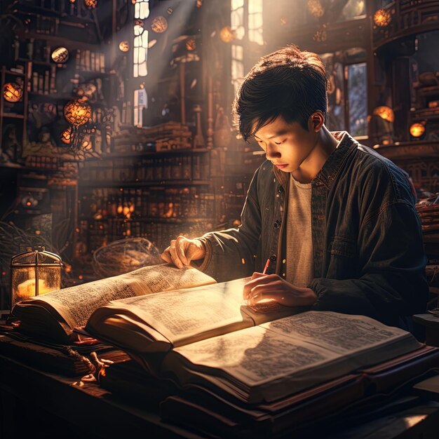 Foto un niño está leyendo un libro en una habitación con un hombre leyendo un libro