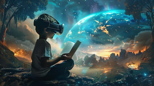 Niño leyendo un libro imagina la realidad virtual de un mundo de fantasía