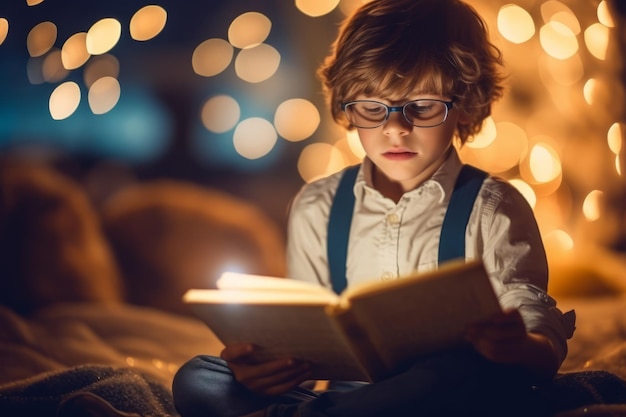 Un niño leyendo un libro con un libro iluminado en el fondo.