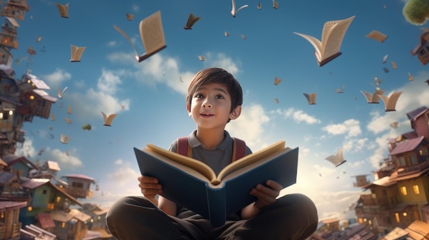 Un niño leyendo un libro con libros volando